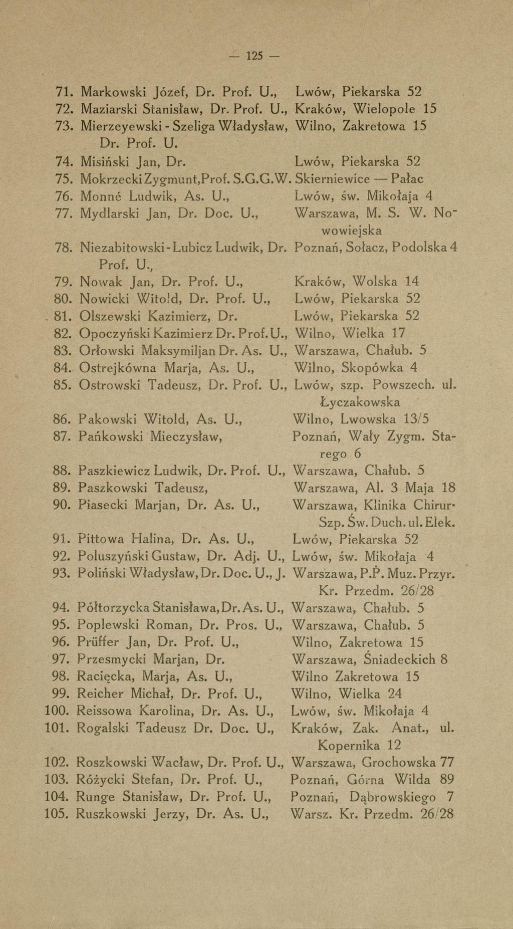 - 125-71. Markowski józef Dr. Prof. U. Lwów Piekarska 52 72. Maziarski Stanisław Dr. Prof. U. Kraków WieJopole 15 73. Mierzeyewski- Szeliga Władysław Wilno Zakretowa 15 Dr. Prof. U. 74.