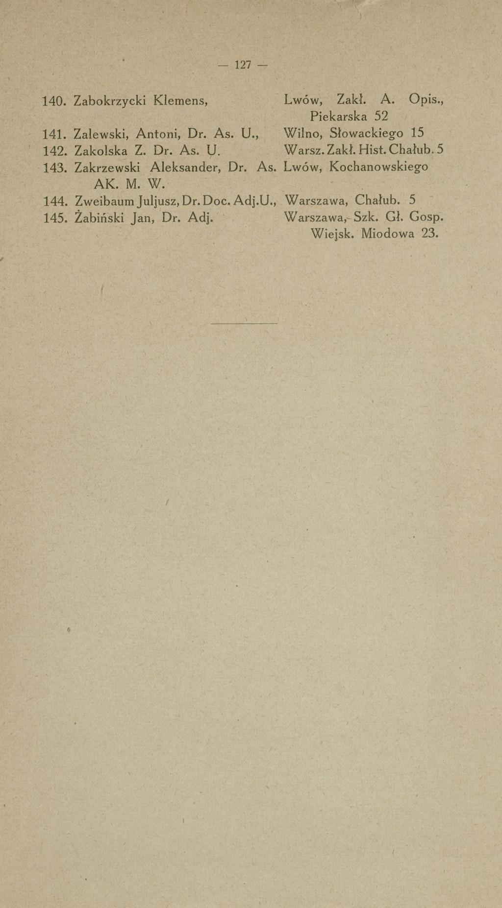 - 127-140. Zabokrzycki Klemens Lwów Zakł. A. Opis. Piekarska 52 141. Zalewski Antoni Dr. As. U. Wilno Słowackiego 15 142. Zakolska Z. Dr. As. U. W arsz. Zakł. Hist. Chałub. 5 143.