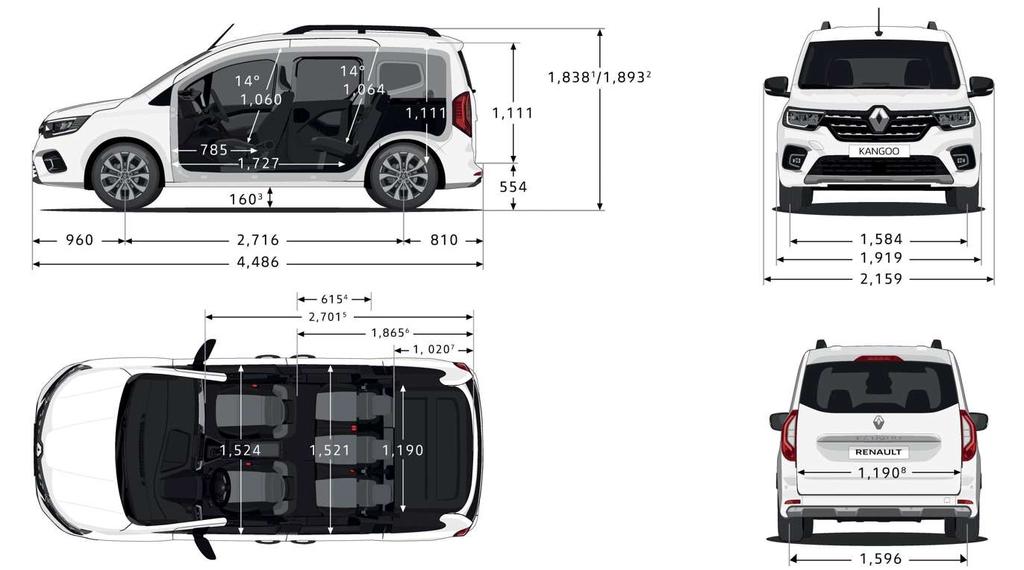 NOWE RENAULT KANGOO WYMIARY 1 Z anteną 2 Z relingami 3 Prześwit maksymalny 4 Szerokość otworu 5 Maksymalna długość ładunkowa 6 Długość ładunkowa ze złożoną kanapą 7 Długość ładunkowa z rozłożoną