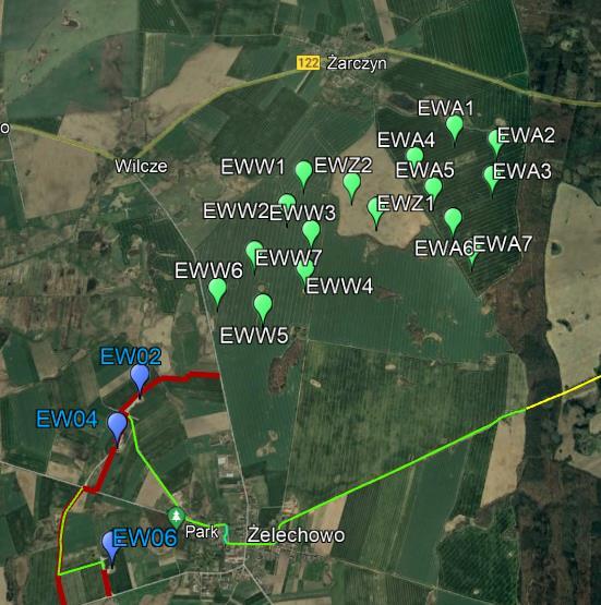 8 turbin wiatrowych, jednak w rzeczywistości wzniesiono tylko 3 i nie ma obecnie decyzji o budowie pozostałych 5. Rys.