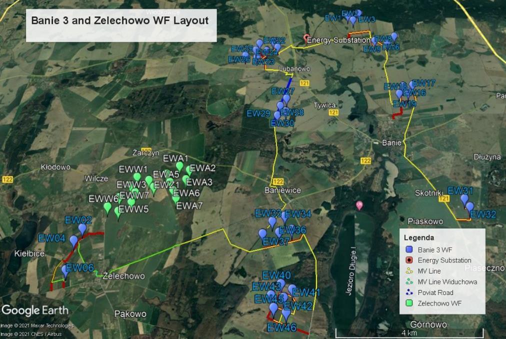 Rys. 2-1 Rozmieszczenie urządzeń energetyki wiatrowej Banie 3 i Żelechowo Banie