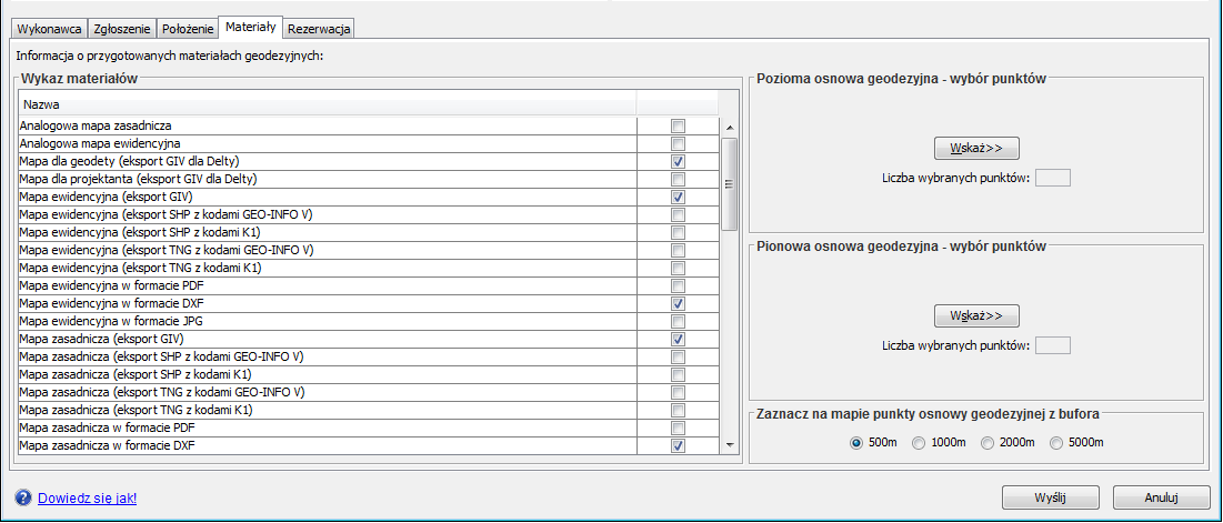 W sytuacji, gdy na liście Wykaz materiałów znajdują się materiały dotyczące osnowy geodezyjnej, należy wskazać obszar wyboru punktów osnowy (zarówno dla osnowy geodezyjnej poziomej, jak i