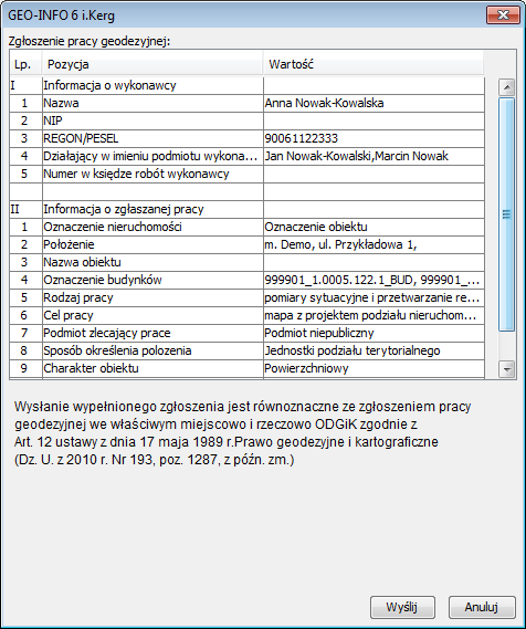 okno z podsumowaniem uzupełnionych informacji.