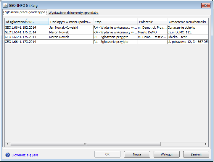 JAK OBEJRZEĆ INFORMACJE O ZAREJESTROWANYCH PRACACH GEODEZYJNYCH Lista zgłoszonych prac geodezyjnych znajduje się w głównym oknie dialogowym systemu Geo-Info 6 i.