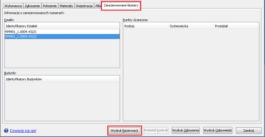 JAK POZYSKAĆ INFORMACJE O ZAREZERWOWANYCH NUMERACH Informacje o zarezerwowanych numerach obiektów znajdują się w zakładce: Zarezerwowane numery okna dialogowego zarejestrowanej pracy geodezyjnej.