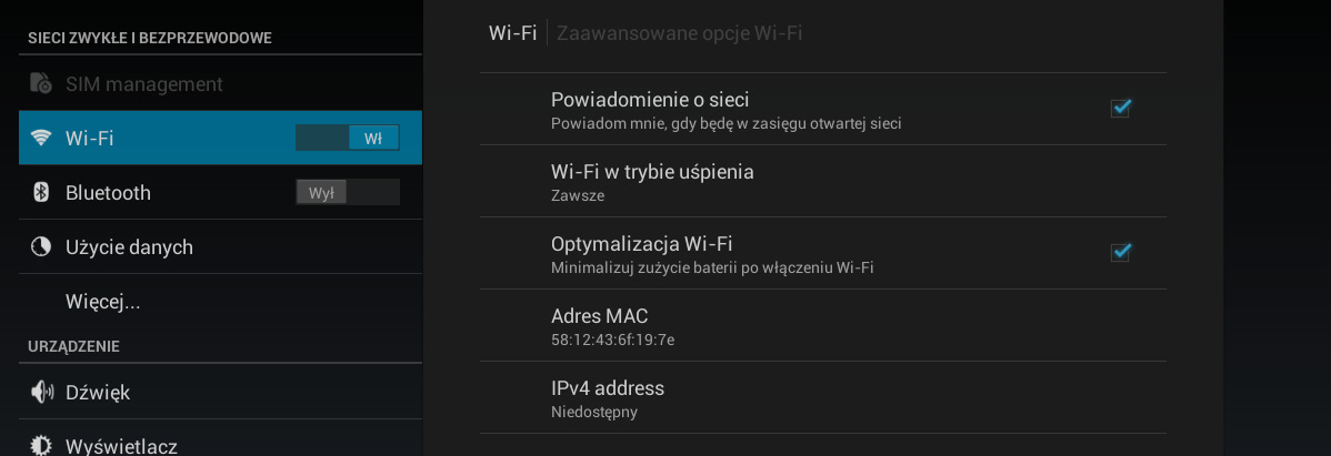 Przycisk do wyświetlania opcji zaawansowanych WYŁĄCZANIE WI-FI Aby wyłączyć moduł Wi-Fi, przestaw przełącznik Wi-Fi w położenie Wył. w sekcji Ustawienia > Sieci bezprzewodowe i zwykłe.