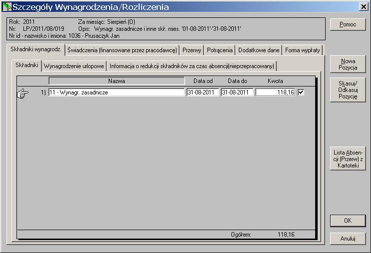 Rys.3. Lista płac - dopisanie wynagrodzenia zasadniczego w dniu 31-08-2011. Referencje [1] Rozporządzenie Ministra Pracy i Polityki Socjalnej: z dnia 29 maja 1996 r.