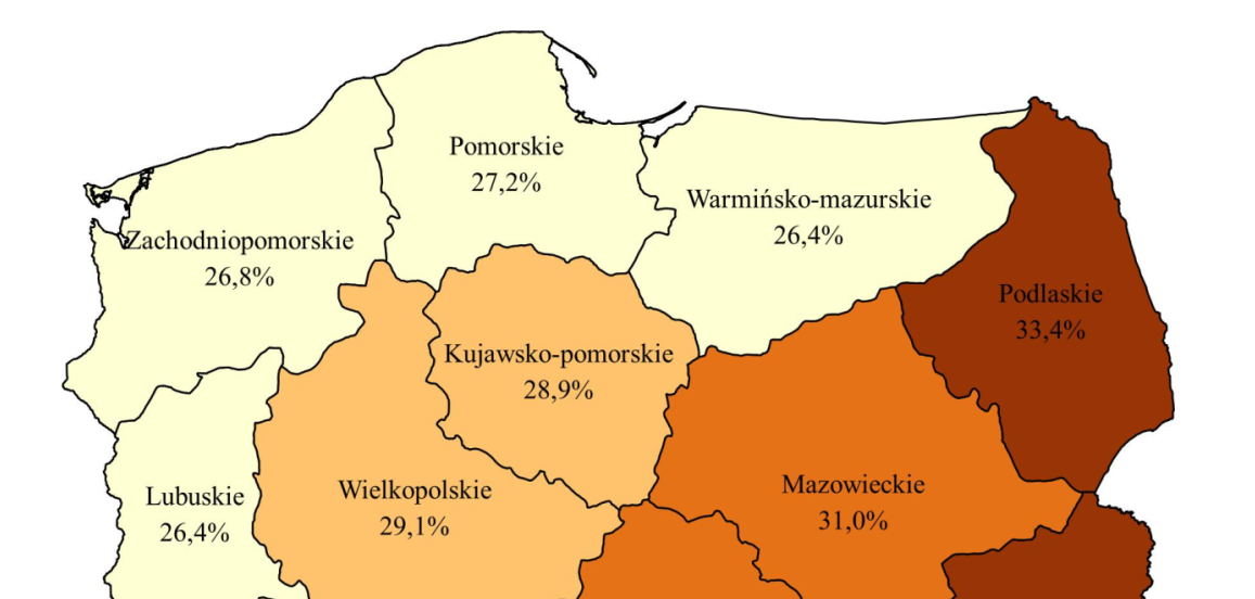 Mapa 3. Gospodarstwa domowe z osobami w wieku 65 lat i więcej w % ogółu gospodarstw domowych w województwie w 2011 r.