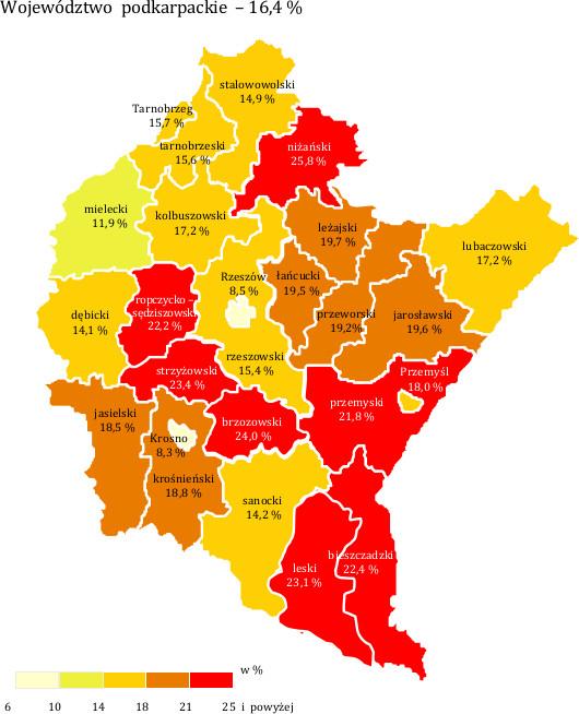 Rysunek 1 Stopa bezrobocia w województwie podkarpackim i poszczególnych powiatach (marzec 2014 rok) Źródło: Wojewódzki Urząd Pracy w Rzeszowie, na podstawie danych GUS 2.