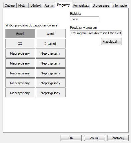 Ustawienia programów pozwalają na powiązanie programu zainstalowanego na komputerze z przyciskami ekranowymi dostępnymi na "Panelu programów". Aby powiązać klawisz ekranowy z programem, należy: 1.