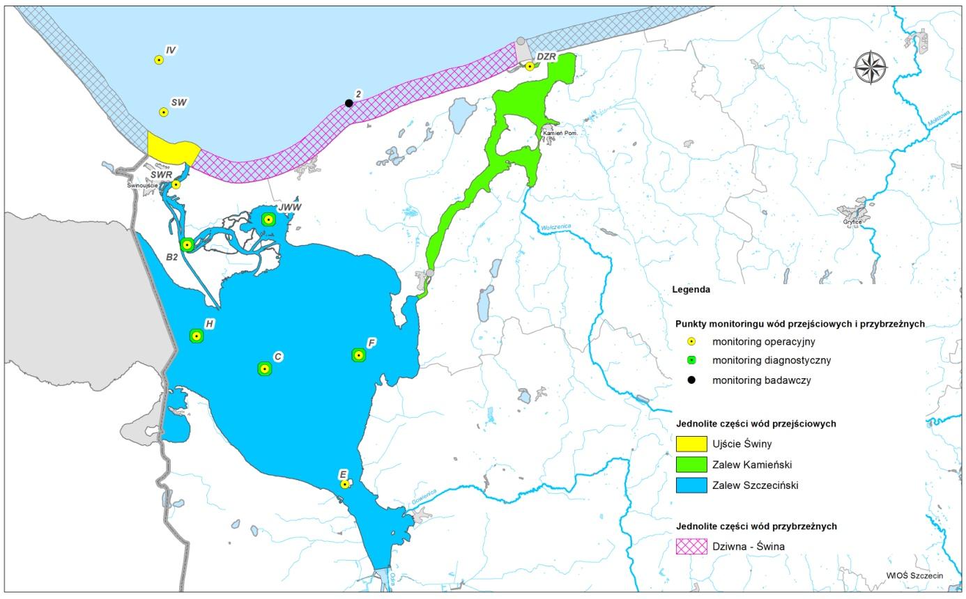 Wody przejściowe i przybrzeżne W roku 2011 badania wód przejściowych prowadzono w sieci 10 punktów pomiarowych objętych monitoringiem diagnostycznym, operacyjnym, obszarów chronionych i badawczym.