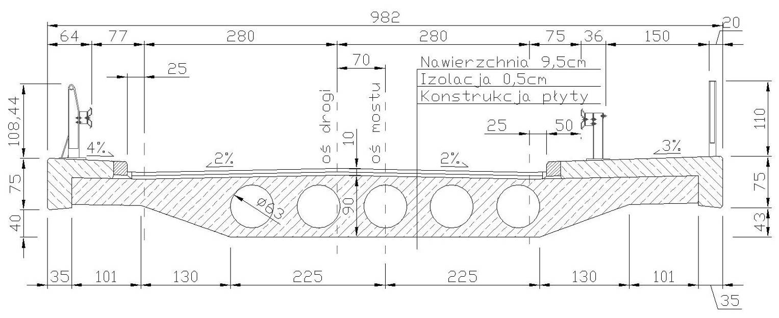 Typ obiektu: wiadukt drogowy Przeszkoda: autostrada A2 Schemat statyczny: czteroprzęsłowa rama o rozpiętościach przęseł 12,0m + 21,0m + 21,0m + 12,0m Klasa obciążenia: B Długość całkowita: 68,0m