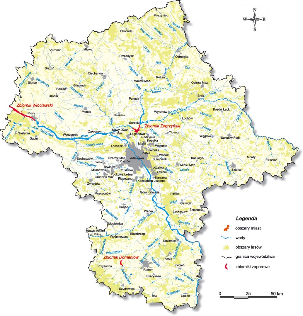 DANE OGÓLNE O WOJEWODZTWIE MAZOWIECKIM W województwie mazowieckim występują sztuczne zbiorniki wodne, utworzone w wyniku przegrodzenia dolin rzecznych zaporami wodnymi.