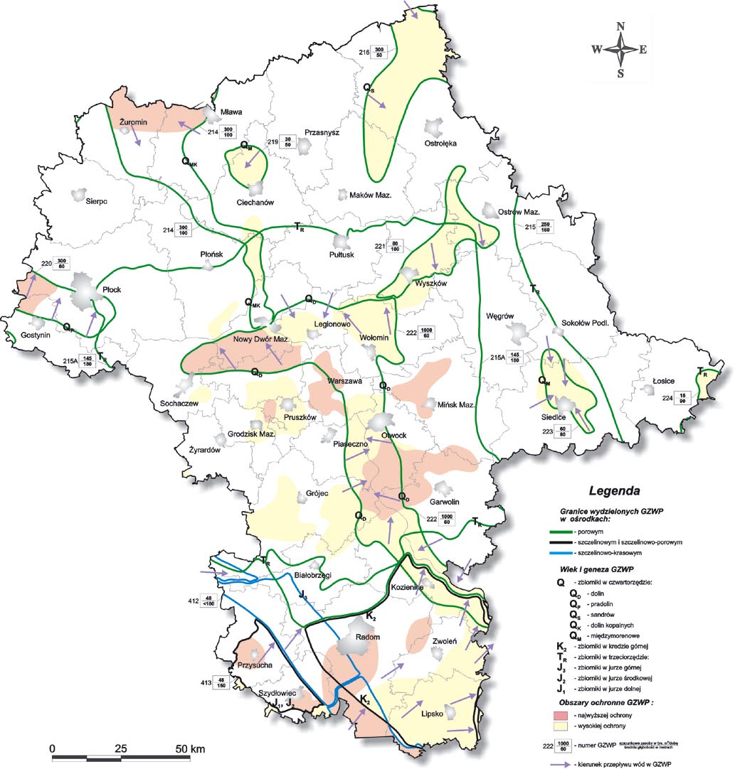 Wojewódzki Inspektorat Ochrony Środowiska - Raport 2006 Wody podziemne Na terenie województwa mazowieckiego wody podziemne ujęte do eksploatacji pochodzą z utworów czwartorzędowych, trzeciorzędowych,