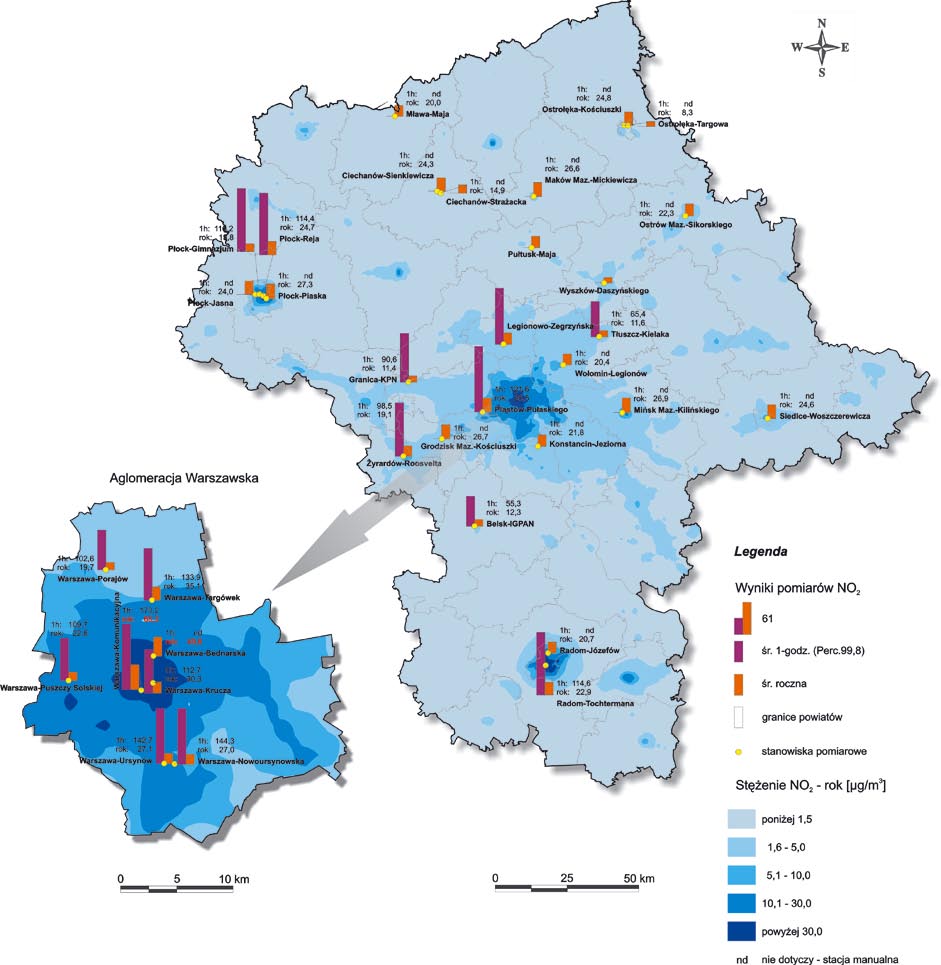 Wojewódzki Inspektorat Ochrony Środowiska - Raport 2006 Mapa 27. Wyniki pomiarów i modelowania dla NO 2 w 2006 roku Wykres 43.