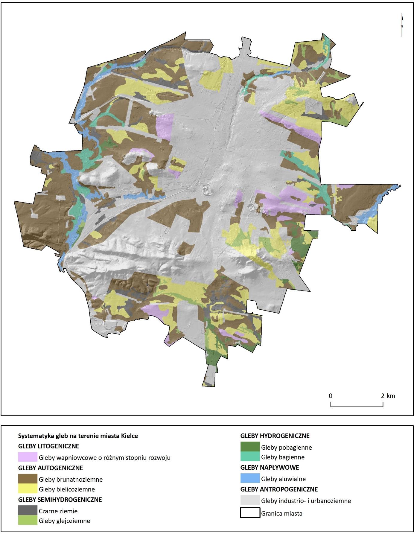 Rozdział: GLEBY I GRUNTY ANTROPOGENICZNE Mapa 6.1. Mapa gleb na terenie miasta Kielce. Szczegółową ich charakterystykę, w tym rozkład przestrzenny i bonitację omówiła A. Świercz (2005, 2009).