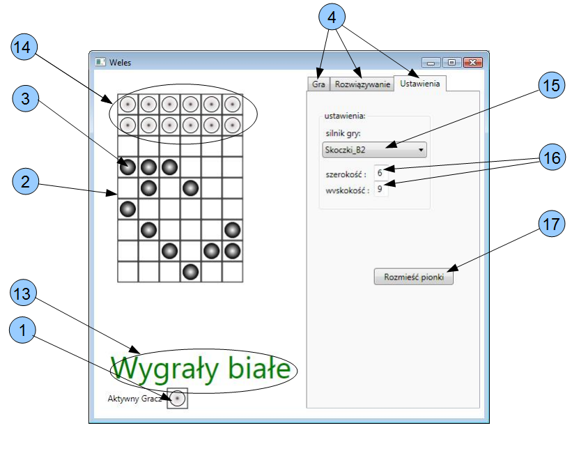 124 Rozdział 5. Program Weles Rysunek 5.4. Opis interfejsu użytkownika wygrana białych 9. Numer kolejnego możliwego posunięcia gracza. 10. Przycisk rozpoczynający i przerywający aktualną rozgrywkę.