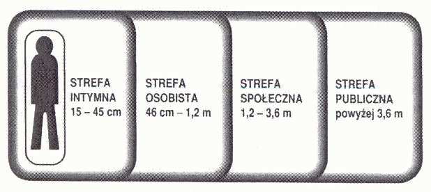 3) strefa społeczna (120-360 cm) dla nieznajomych, 4) strefa formalna lub publiczna (powyŝej360 cm) dla wystąpień publicznych, tak by zachować właściwy dystans. Rys.10.