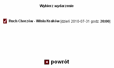 Kibic ma na ekranie do wyboru listę wydarzeń, których tytuły są hiperłączami.