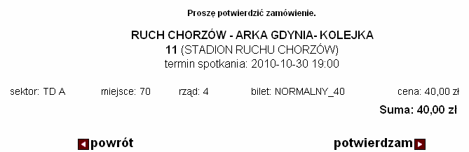 Użycie hiperłącza dalej przekierowuje kibica do strony z podsumowaniem transakcji. Natomiast użycie hiperłącza powrót przenosi kibica do strony z wyborem wydarzenia. 5.