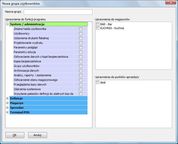 3. System - konfiguracja 3.4. Użytkownicy 3.4.1. Grupy użytkowników W oknie tym należy zdefiniować uprawnienia dla poszczególnych grup użytkowników programu, np.: Kelnerzy, Manager, Kucharz itd.