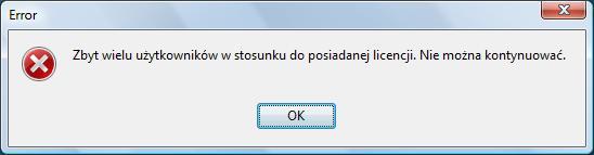 W zależności od liczby wykupionych licencji system ogranicza ilość osób, które mają dostęp do programu (bazy danych), do liczby posiadanych licencji ( wartość tą można sprawdzić w zakładce Pomoc -> O