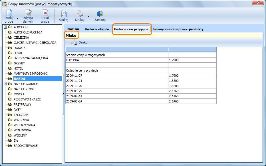 4. Definicje Historia cen przyjęciach Pokazuje historię cen zakupu