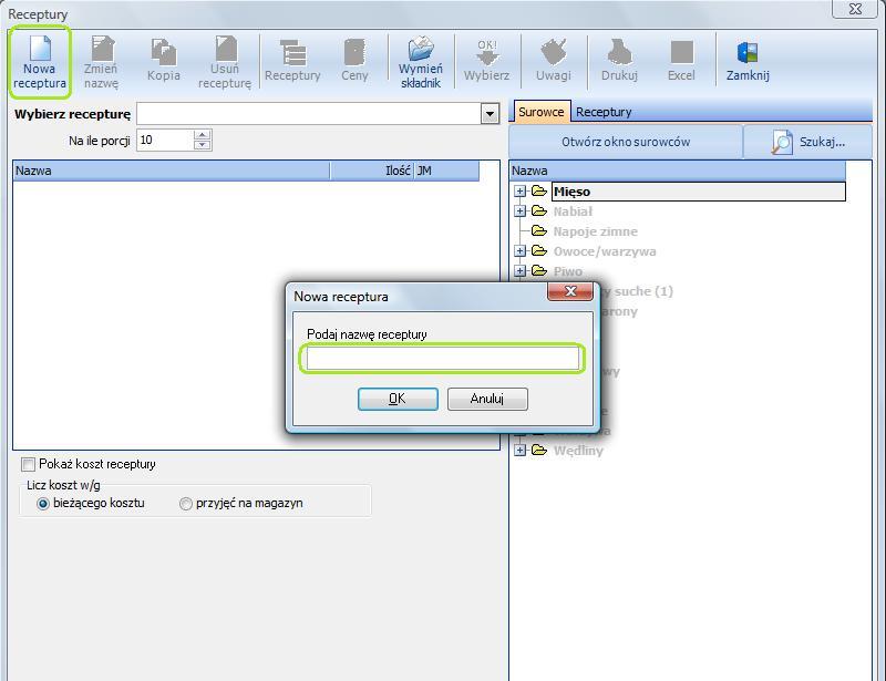 4. Definicje 4.2. Receptury 4.2.1. Nowa receptura W celu utworzenia nowej receptury, w oknie receptur należy wybrać 'Nowa receptura' i podać nazwę dla receptury.