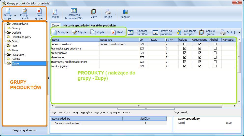 4. Definicje 4.3. Produkty (do sprzedaży) 4.3.1. Nowa grupa produktów W oknie 'Produkty' należy zdefiniować produkty, które będą dostępne do sprzedaży dla kelnerów.