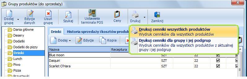 4. Definicje Drukuj Wymuszenie wydruku cenników wszystkich produktów lub