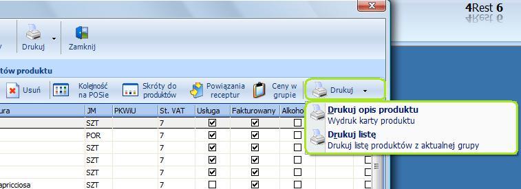 4. Definicje Drukuj Wymuszenie wydruku opisu wybranego produktu lub listy produktów z aktualnie wybranej grupy produktów. 4.4. Punkty sprzedaży 4.4.1.