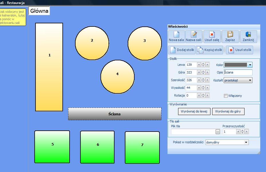 4. Definicje Układ sali W tym oknie znajdują się narzędzia do tworzenia widoków sal oraz stolików, wykorzystywanych podczas sprzedaży oraz rezerwacji miejsc w trybie POS.