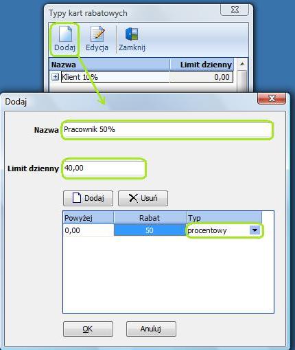 4. Definicje 4.8. Typy kart rabatowych W tym oknie można zdefiniować rodzaje używanych kart rabatowych i przydzielić im odpowiednie rabaty.