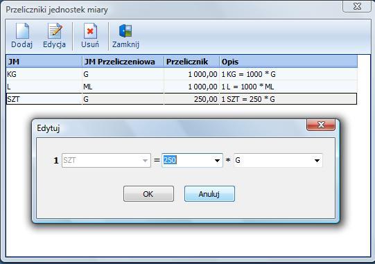 4. Definicje Przeliczniki jednostek miary System 4Rest przy przyjęciach surowców na magazyn wykorzystuje przeliczniki jednostek miar ( np. kg > g, l > ml).