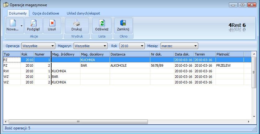 5. Magazyn 5. Magazyn 5.1. Operacje magazynowe Nowa tworzenie nowej operacji magazynowej, patrz rozdział: 4.2.1. Tworzenie operacji magazynowych Podgląd otwiera okno z elementami wybranej operacji magazynowej Usuń usunięcie operacji magazynowej.