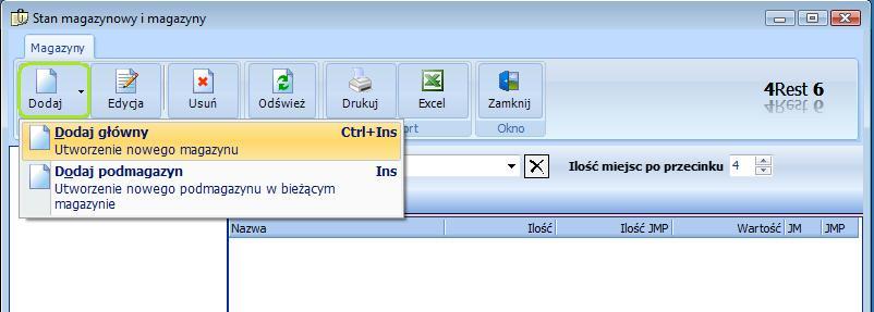 5. Magazyn 5.2. Stan magazynowy 5.2.1. Struktura magazynów Podczas instalacji systemu 4Rest automatycznie definiowane są dwa magazyny 'BAR' i 'KUCHNIA'.