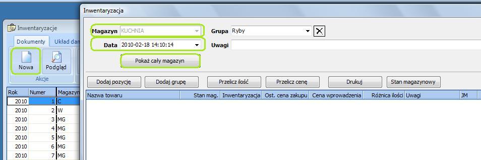 Ryby z magazynu Kuchnia), w polu 'Grupa' należy wybrać również tę grupę surowców, lista towarów zostanie wyswietlona po wybraniu opcji Pokaż W oknie pojawi się lista surowców wraz z ich aktualnym