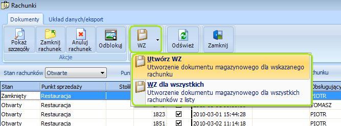 6. Sprzedaż Aby utworzyć dokumenty magazynowe dla nierozliczonych rachunków sprzedaży ( po uzupełnieniu braków magazynowych) należy zaznaczyć taki rachunek na liście a następnie wybrać opcję WZ