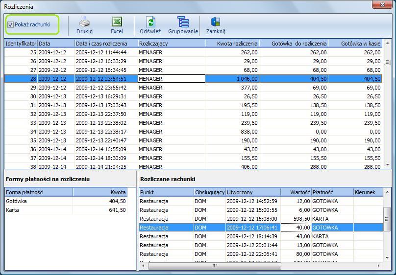 6. Sprzedaż 6.2. Rozliczenia Każdy zamknięty rachunek kelnerski musi zostać rozliczony. Grupa rachunków rozliczanych w tym samym czasie zapisana jest w jednym rozliczeniu.