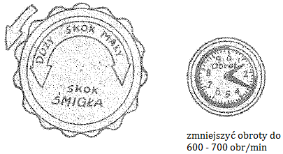 Sprawdzić działanie R-2 i śmigła. Dźwignią gazu ustawić obroty 2000 obr/min. Pokrętłem przestawić śmigło na duży skok. Obroty należy zredukować do 1300 1400 obr/min.