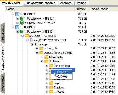 3. Wywołaj menu (kliknij prawym przyciskiem myszy) dla wymaganego pliku / folderu i wybierz element Eksportuj. 40 4. Wybierz miejsce na dysku, na które ma zostać wyodrębniony plik / folder. 5.