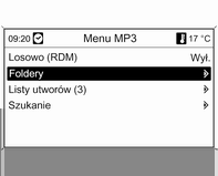 Odtwarzacz CD 51 Nacisnąć pokrętło wielofunkcyjne, aby otworzyć odpowiednie menu płyty Audio CD. Odtwarzanie wszystkich utworów w kolejności losowej: dla opcji Losowo (RDM) wybrać ustawienie Wł.