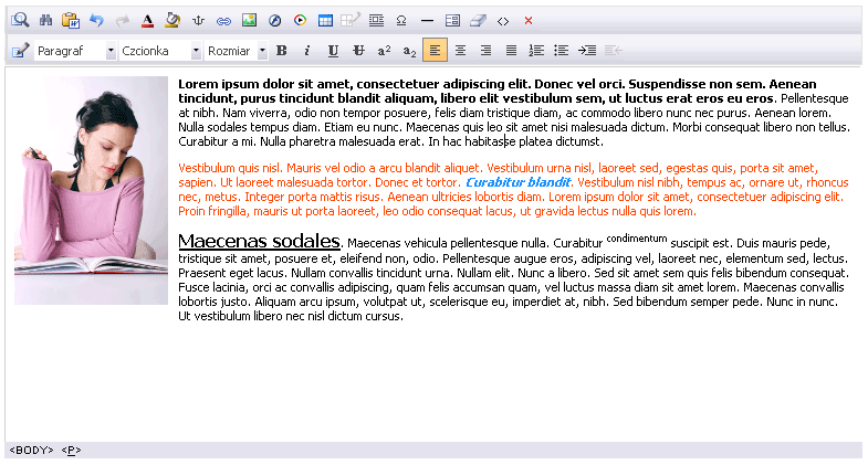 Wprowadzanie oraz modyfikacja treści w systemie odbywa się za pomocą bardzo poręcznego edytora tekstowego (WYSIWYG).