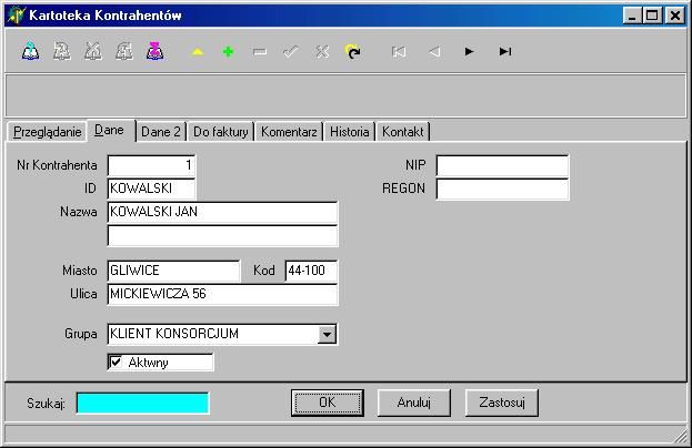 Kartoteki programu Kartoteka kontrahentów Kartoteka kontrahentów zawiera spis wszystkich klientów. Po wybraniu tej funkcji pokazuje się standardowa formatka edycji danych.