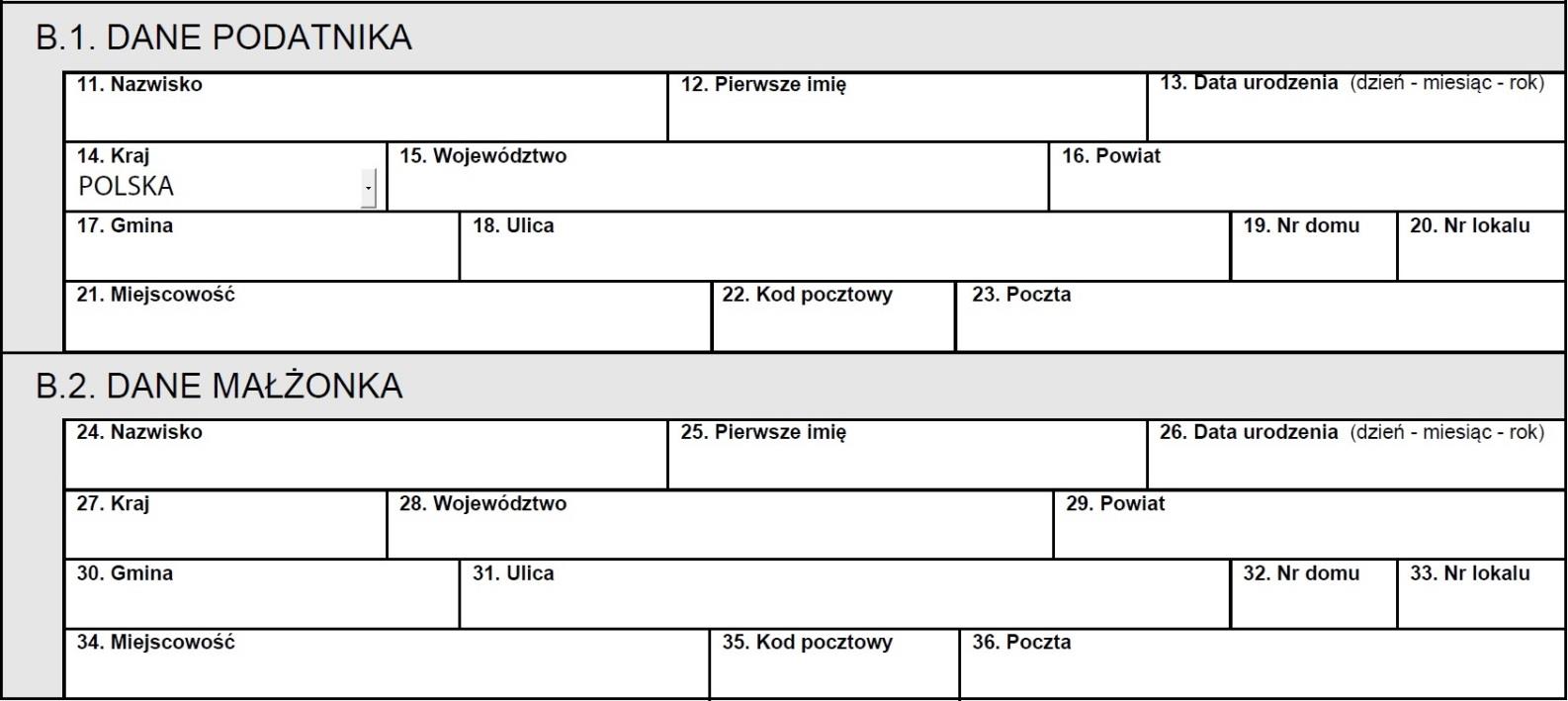 Jeśli podatnik zmienił miejsce zamieszkania podczas trwania roku podatkowego, należy wpisać ostatnie miejsce zamieszkania na terytorium Polski. Część B.