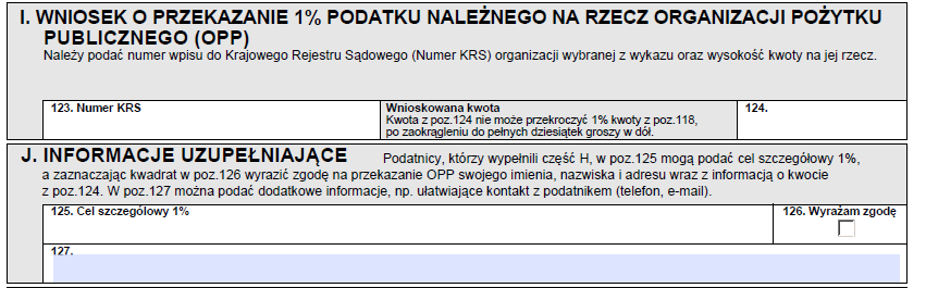 W pozycji 123. Podatnik wpisuje nr KRS organizacji pożytku publicznego, której chce przekazać 1% swojego podatku. Z kolei pozycja 124.