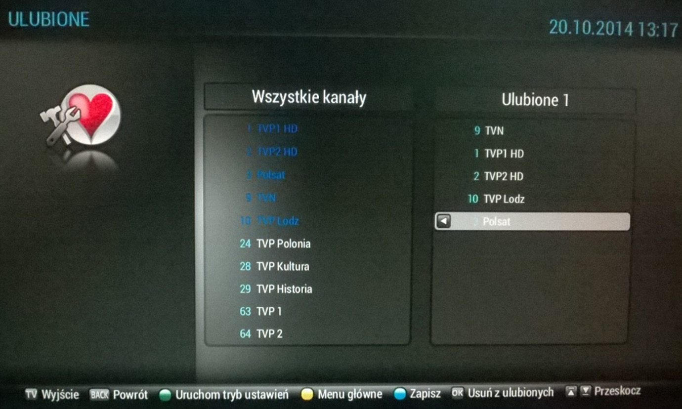 OK przenosi kanał do listy ulubionych lub usuwa z listy wybrany kanał. STRZAŁKI ZEW. GÓRA, DÓŁ - pozwalają poruszać się po liście kanałów o całą wyświetlaną stronę.