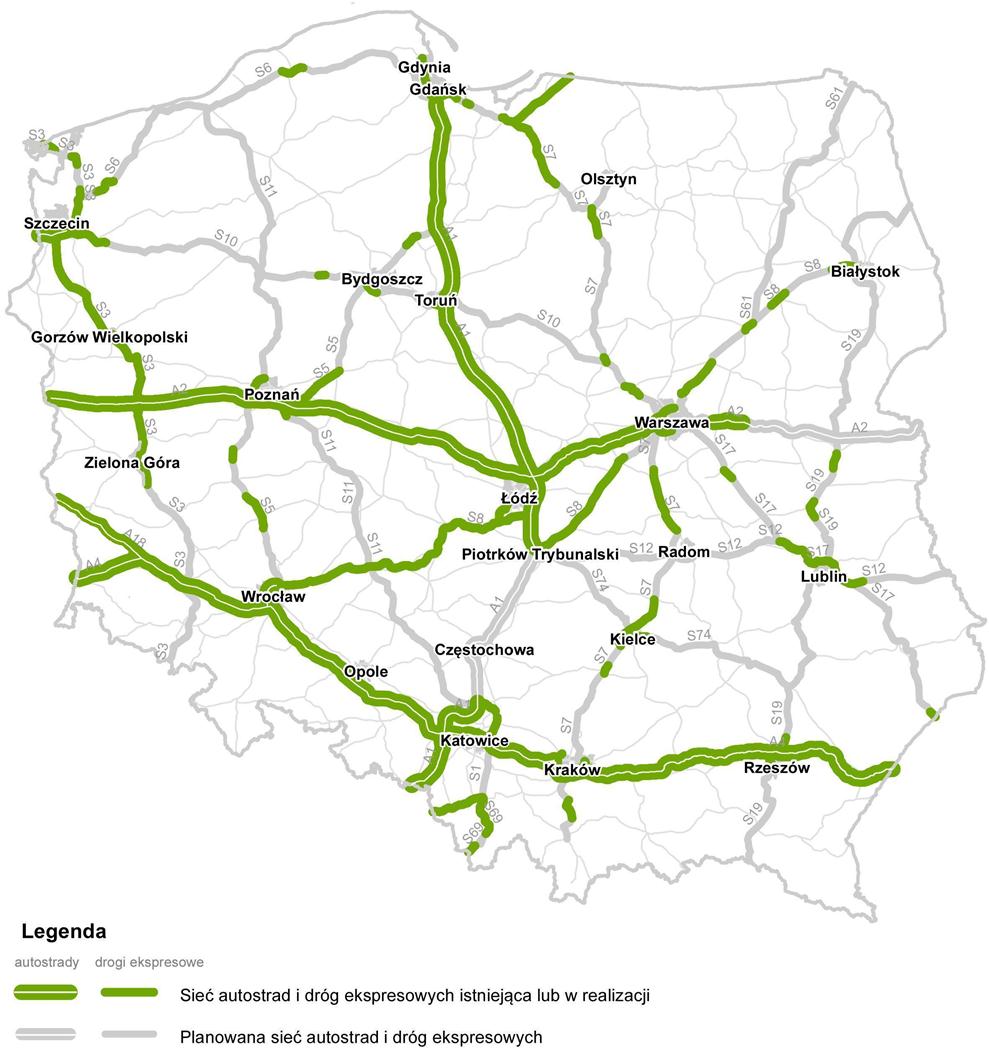 Rysunek 5. Sieć autostrad i dróg ekspresowych zrealizowana lub w trakcie realizacji - stan na 31 grudnia 2013 r. Sieć autostrad jest w znacznej mierze zrealizowana lub jest w trakcie realizacji.