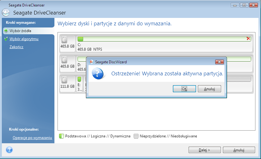 Aby wybrać partycję, kliknij odpowiedni prostokąt. W prawym górnym rogu wyświetli się czerwony znacznik oznaczający wybranie partycji.