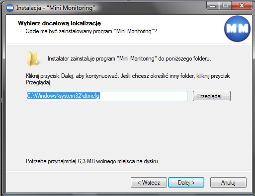 Kolejny krok to wybór lokalizacji katalogu programu. Do wybranego folderu zostaną skopiowane pliki. Zaleca się pozostawić ustawienia domyślne. Aby przejść do kolejnego kroku wybierz Dalej.